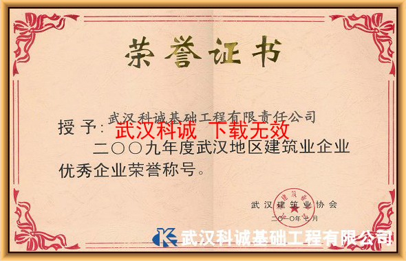 二OO九年度武汉地区建筑业优秀企业证书