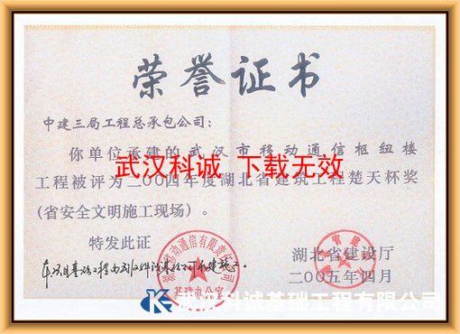 武汉市移动通信枢纽楼获 楚天杯（省安全文明施工现场）